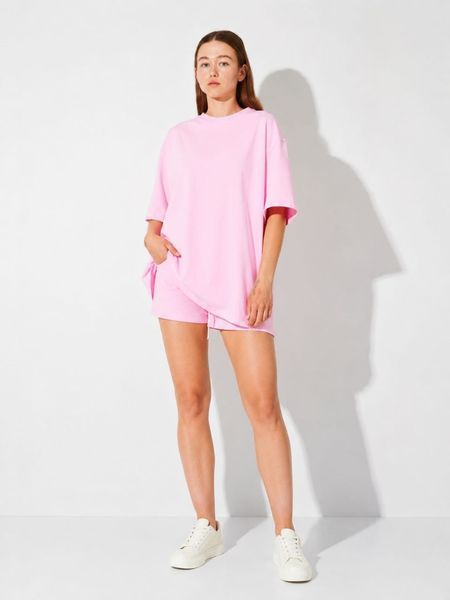 Жіночий рожевий костюм із шортами та футболкою oversize L 699003 фото